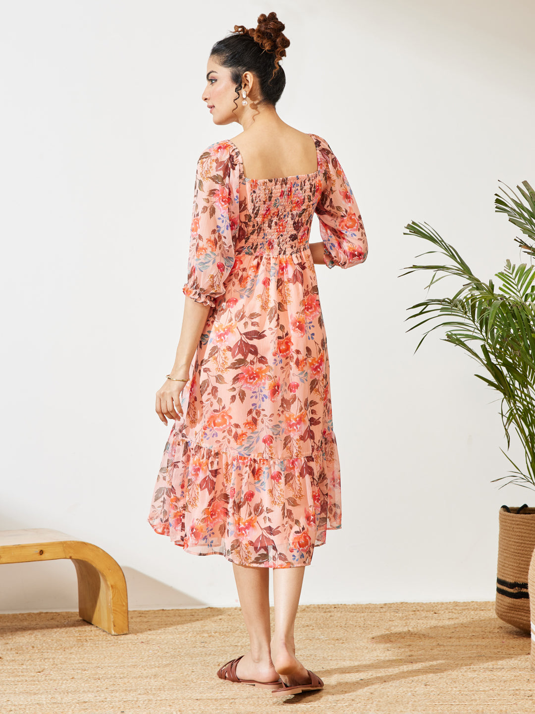 Janasya Women's Peach Chiffon Floral Printed A-line Dress