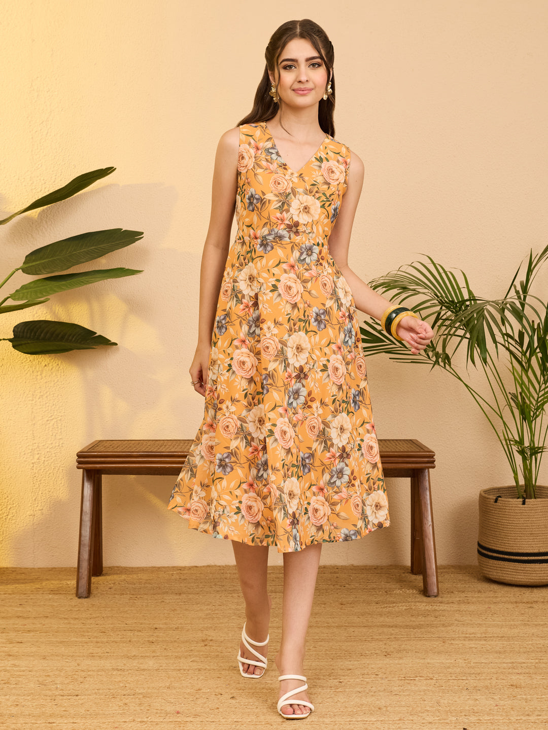 Janasya Women's Yellow Georgette Floral Printed Fit & Flare Dress