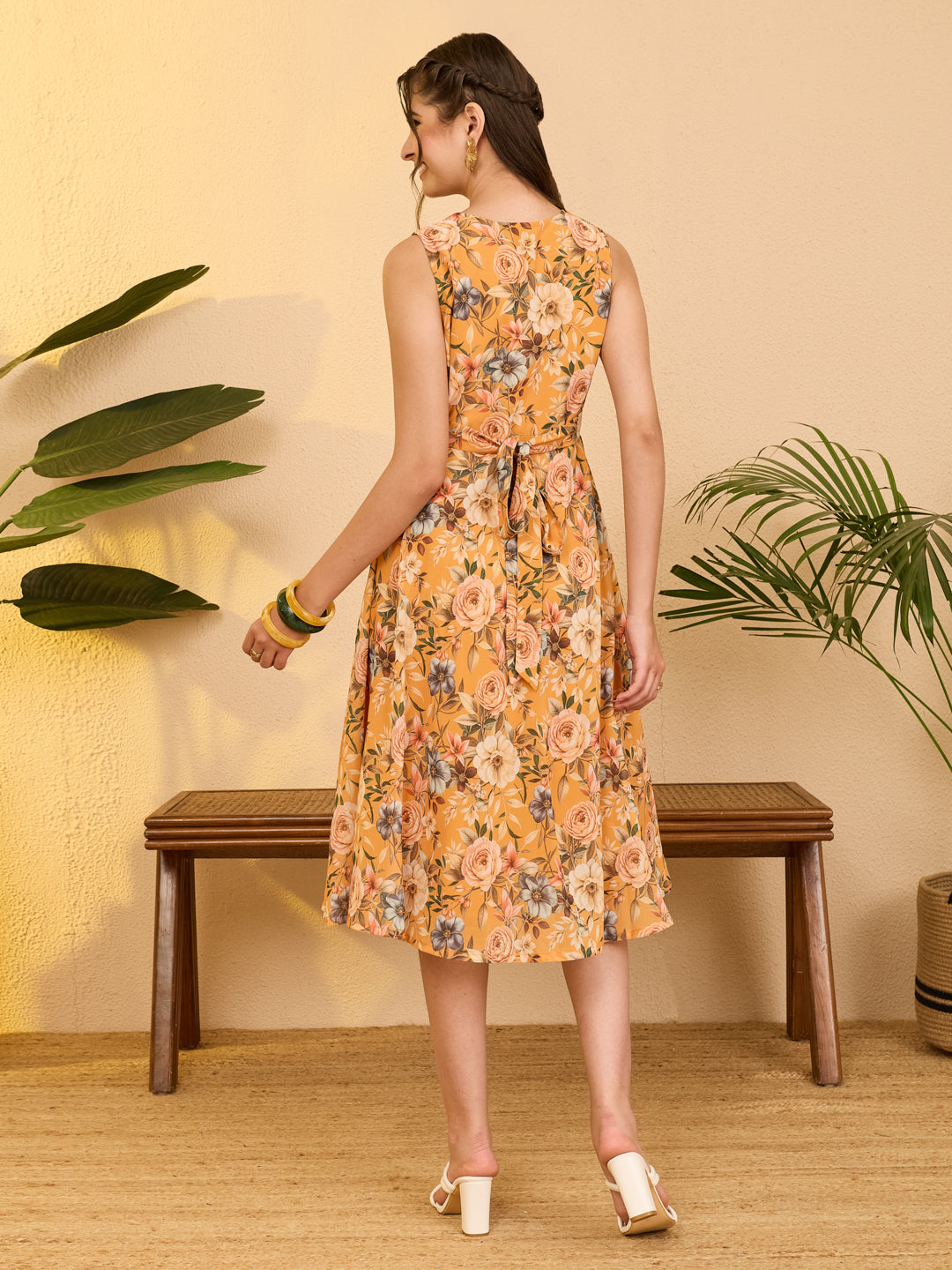 Janasya Women's Yellow Georgette Floral Printed Fit & Flare Dress