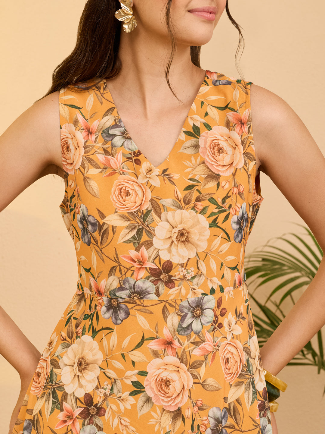 Janasya Women's Yellow Georgette Floral Printed Fit & Flare Dress