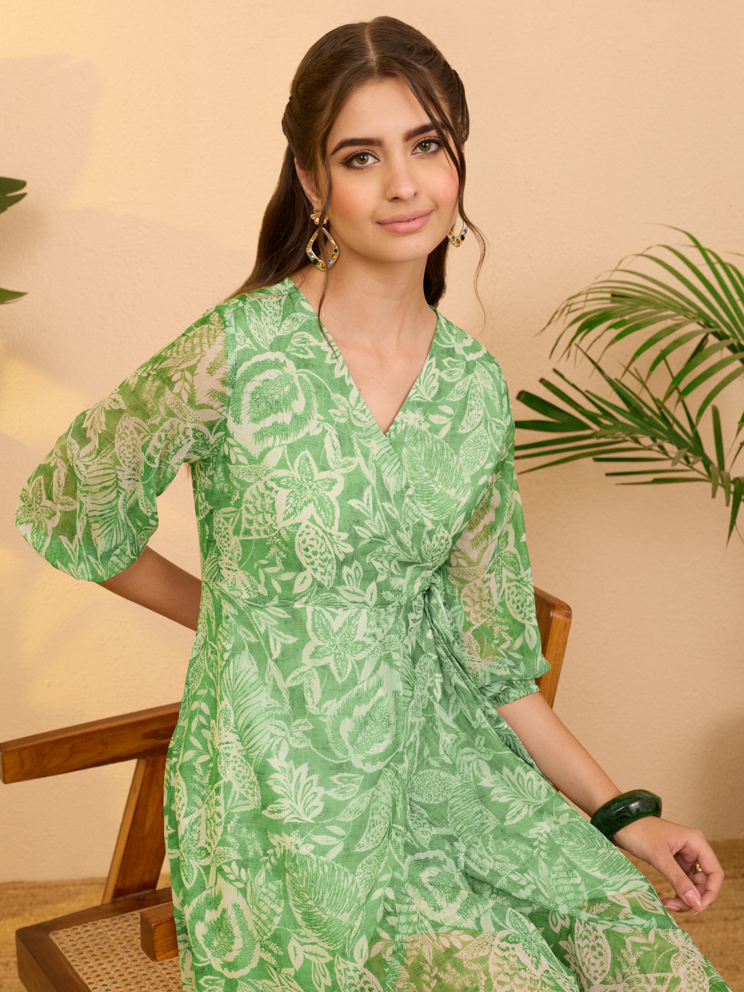 Janasya Women's Green Chiffon Floral Printed A-line Ruffles Dress