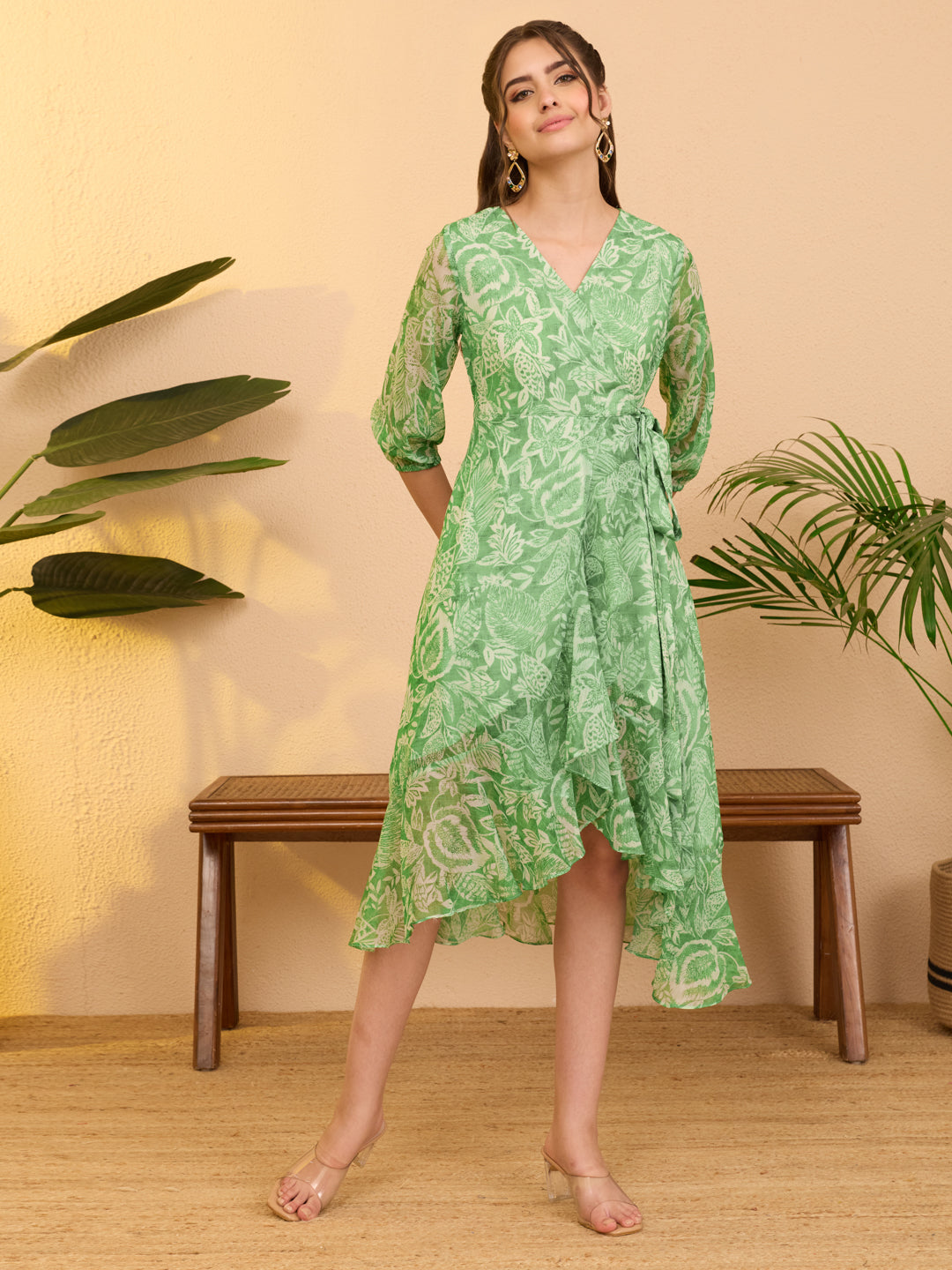 Janasya Women's Green Chiffon Floral Printed A-line Ruffles Dress