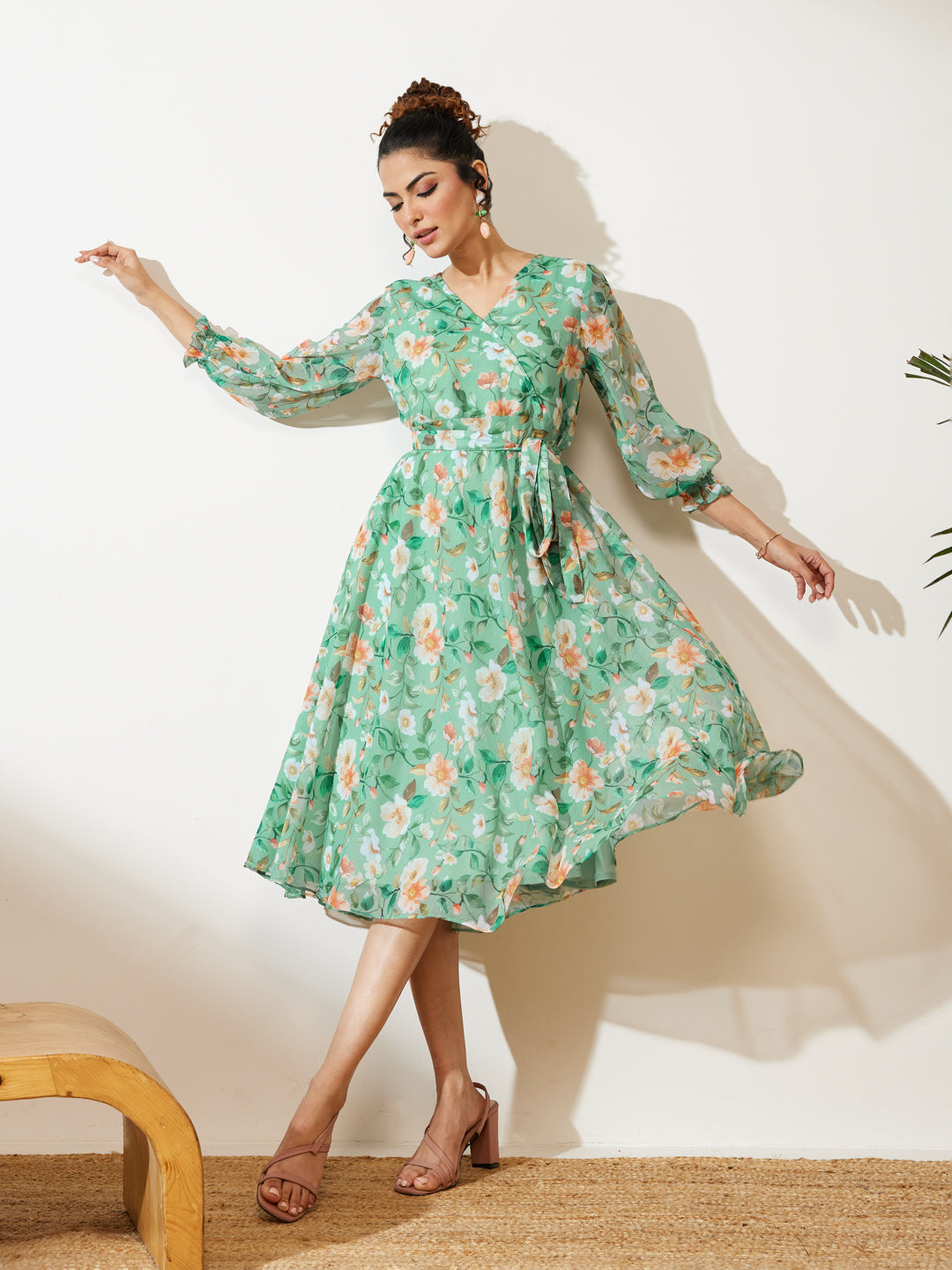 Janasya Women's Mint Green Chiffon Floral Printed Fit & Flare Dress