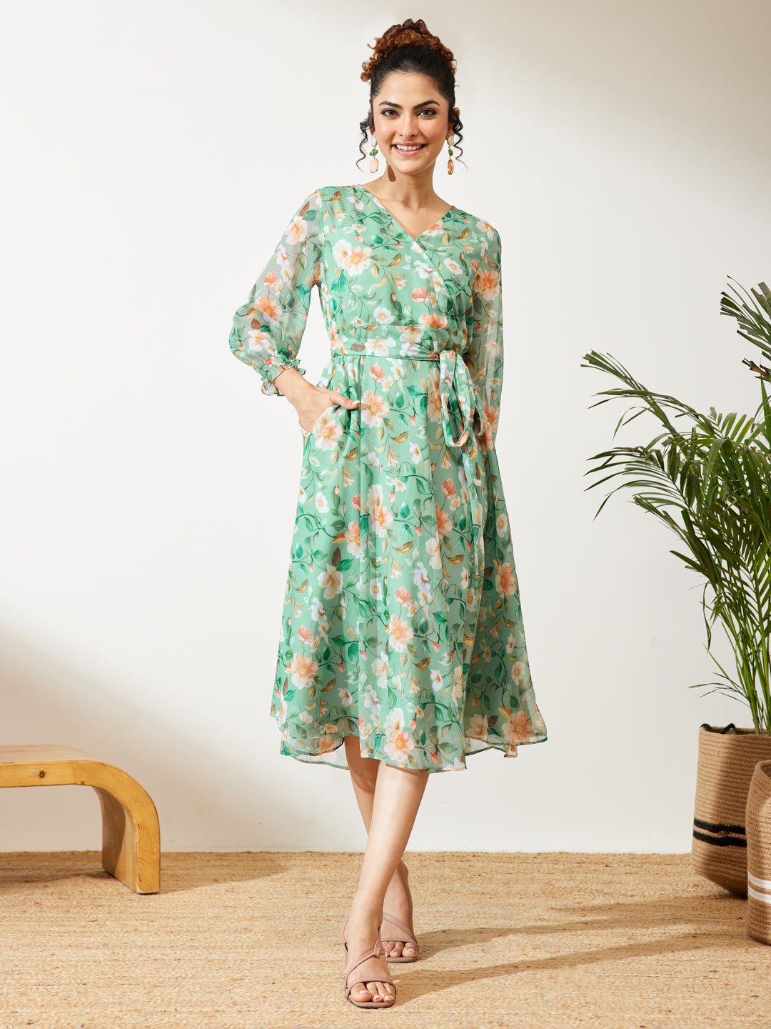 Janasya Women's Mint Green Chiffon Floral Printed Fit & Flare Dress