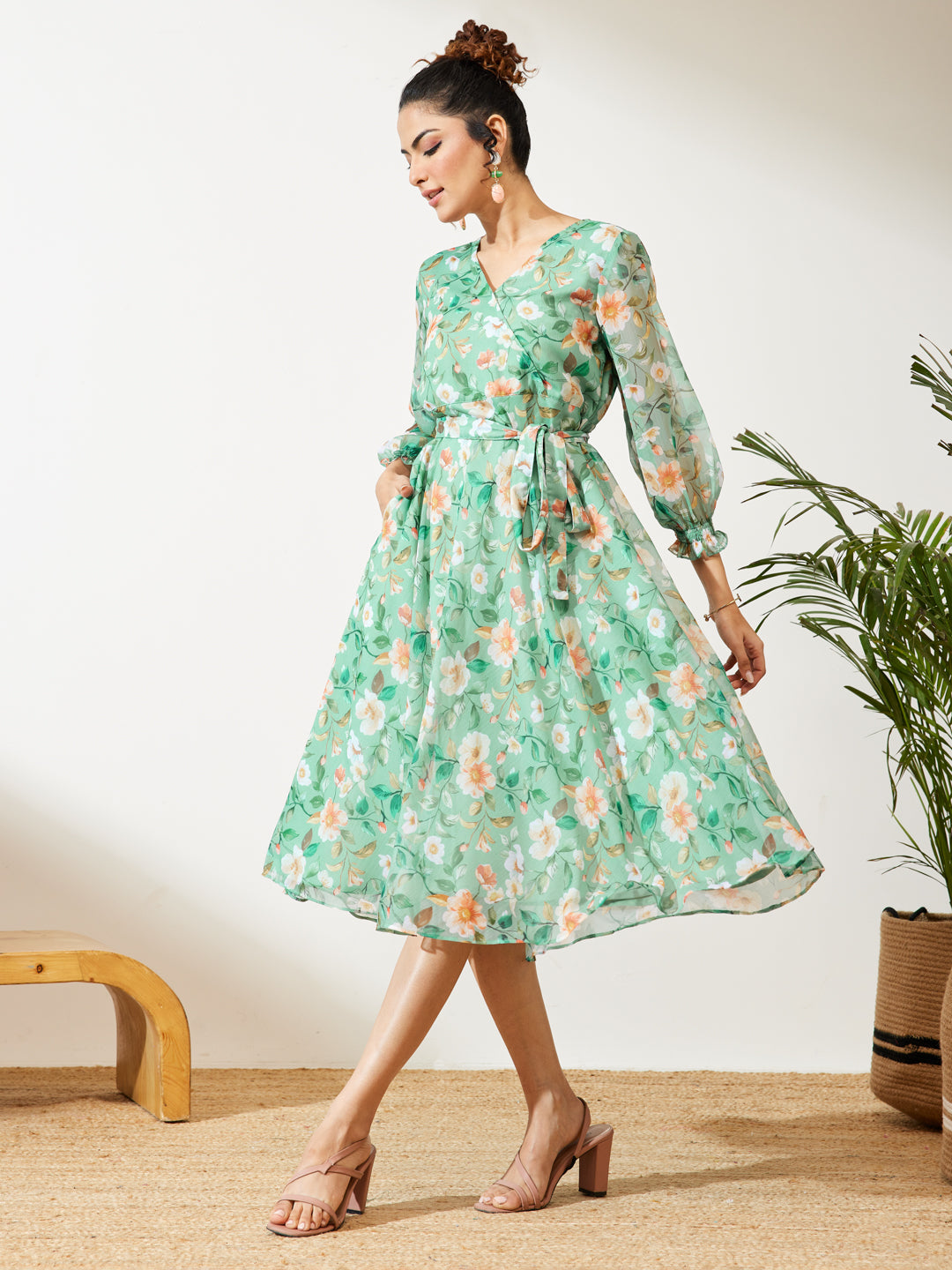 Janasya Women's Mint Green Chiffon Floral Printed Fit & Flare Dress