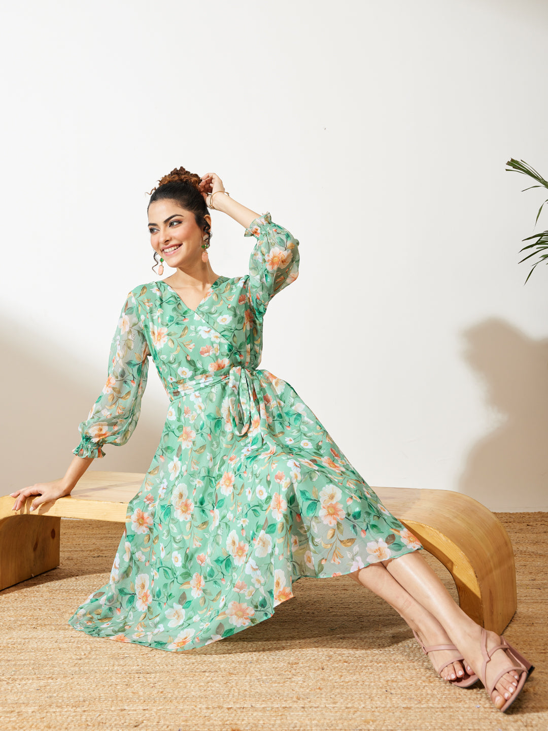 Janasya Women's Mint Green Chiffon Floral Printed Fit & Flare Dress