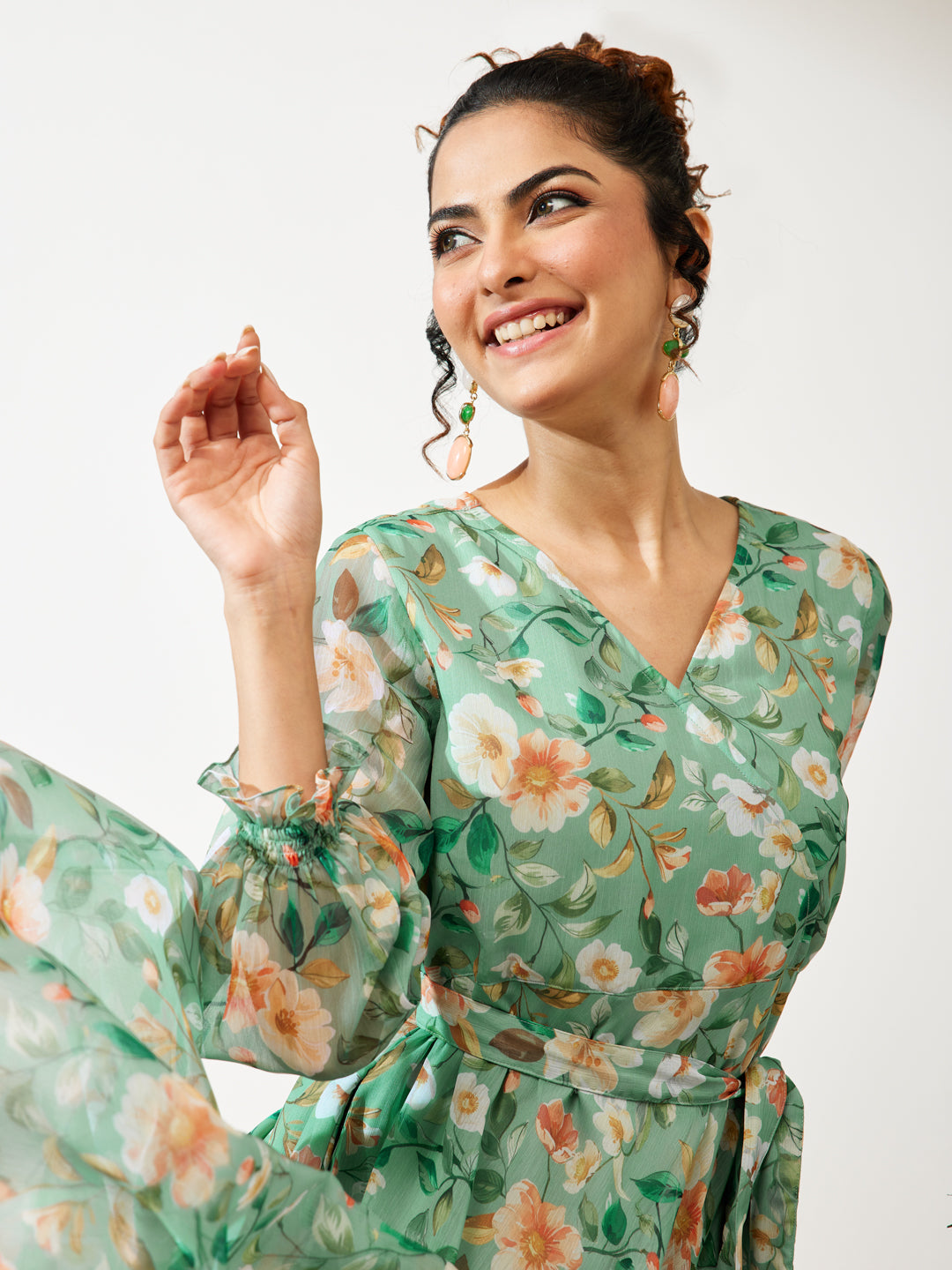 Janasya Women's Mint Green Chiffon Floral Printed Fit & Flare Dress