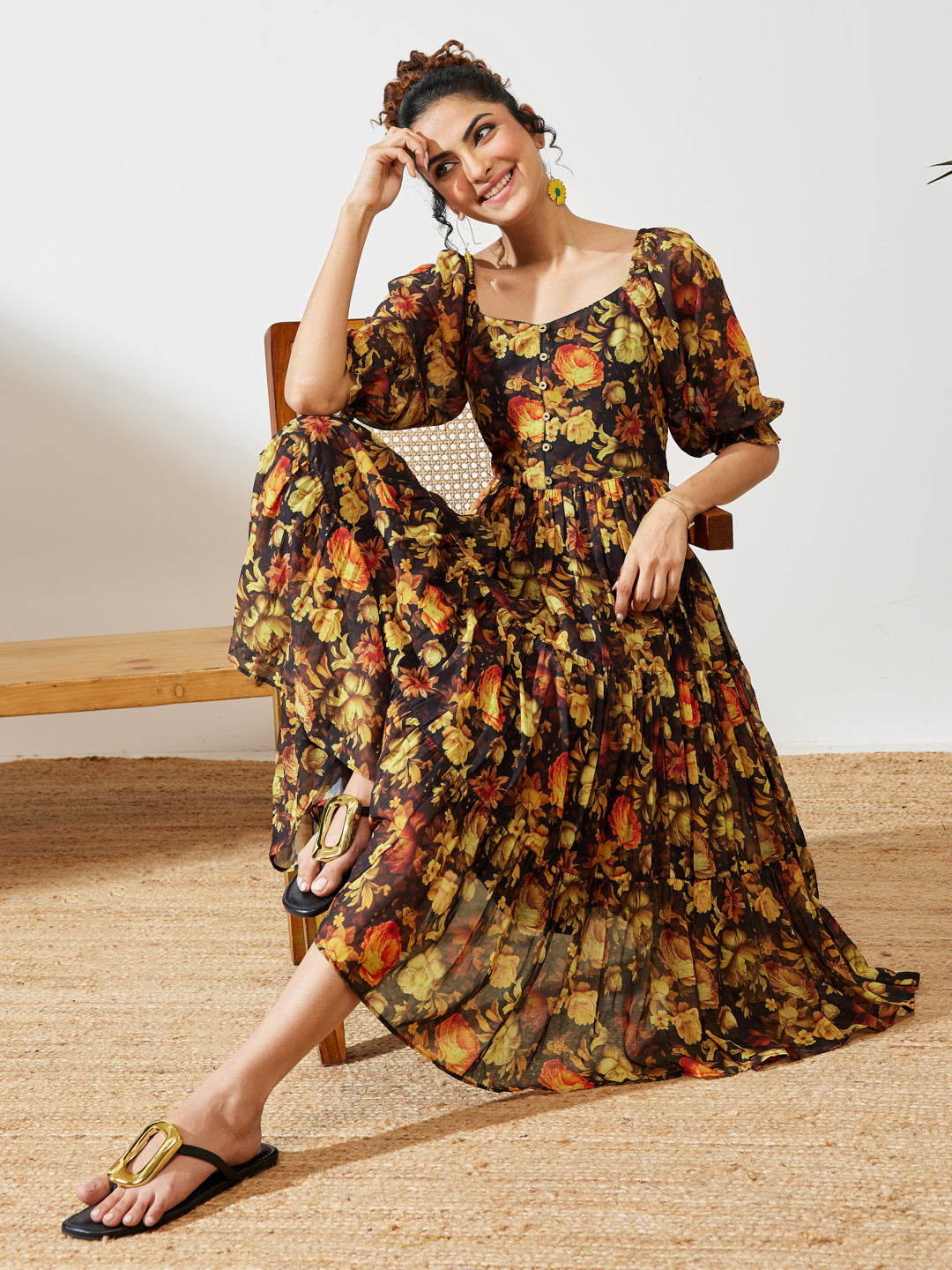 Janasya Women's Black Georgette Floral Printed Tiered Dress