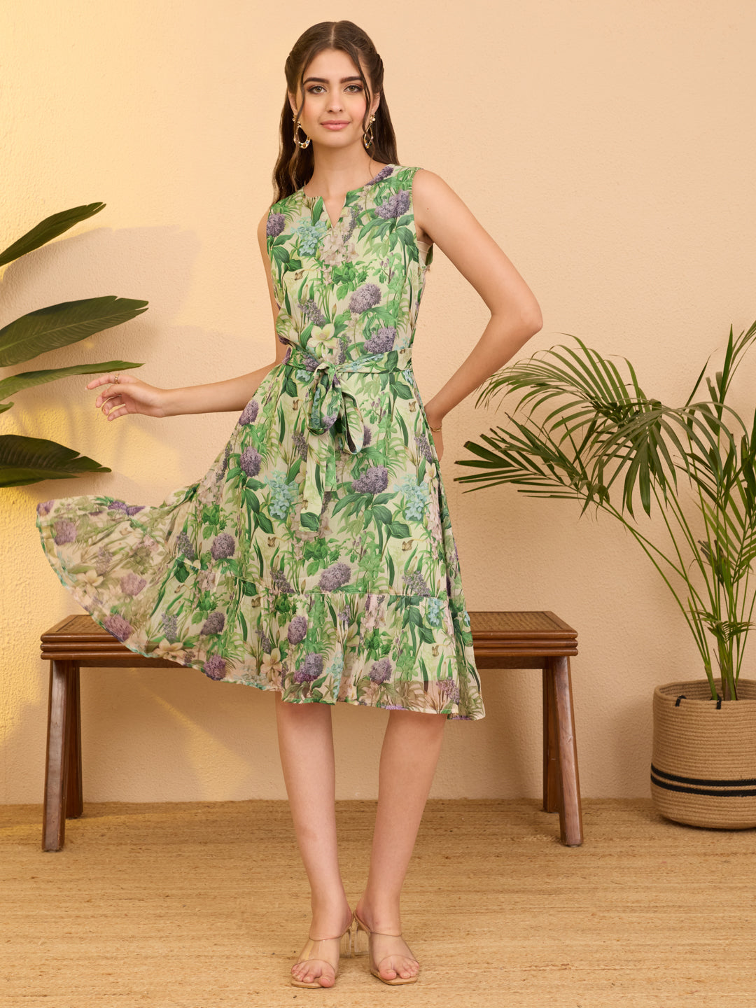 Janasya Women's Mint Green Chiffon Floral Printed Fit & Flare Dress