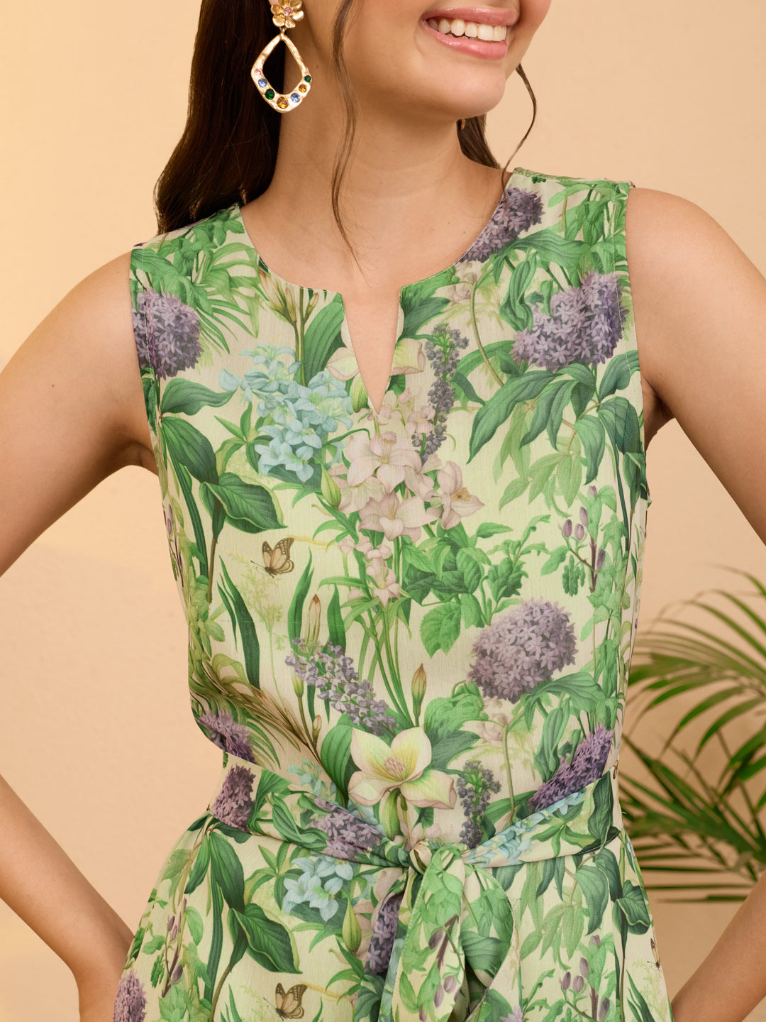 Janasya Women's Mint Green Chiffon Floral Printed Fit & Flare Dress