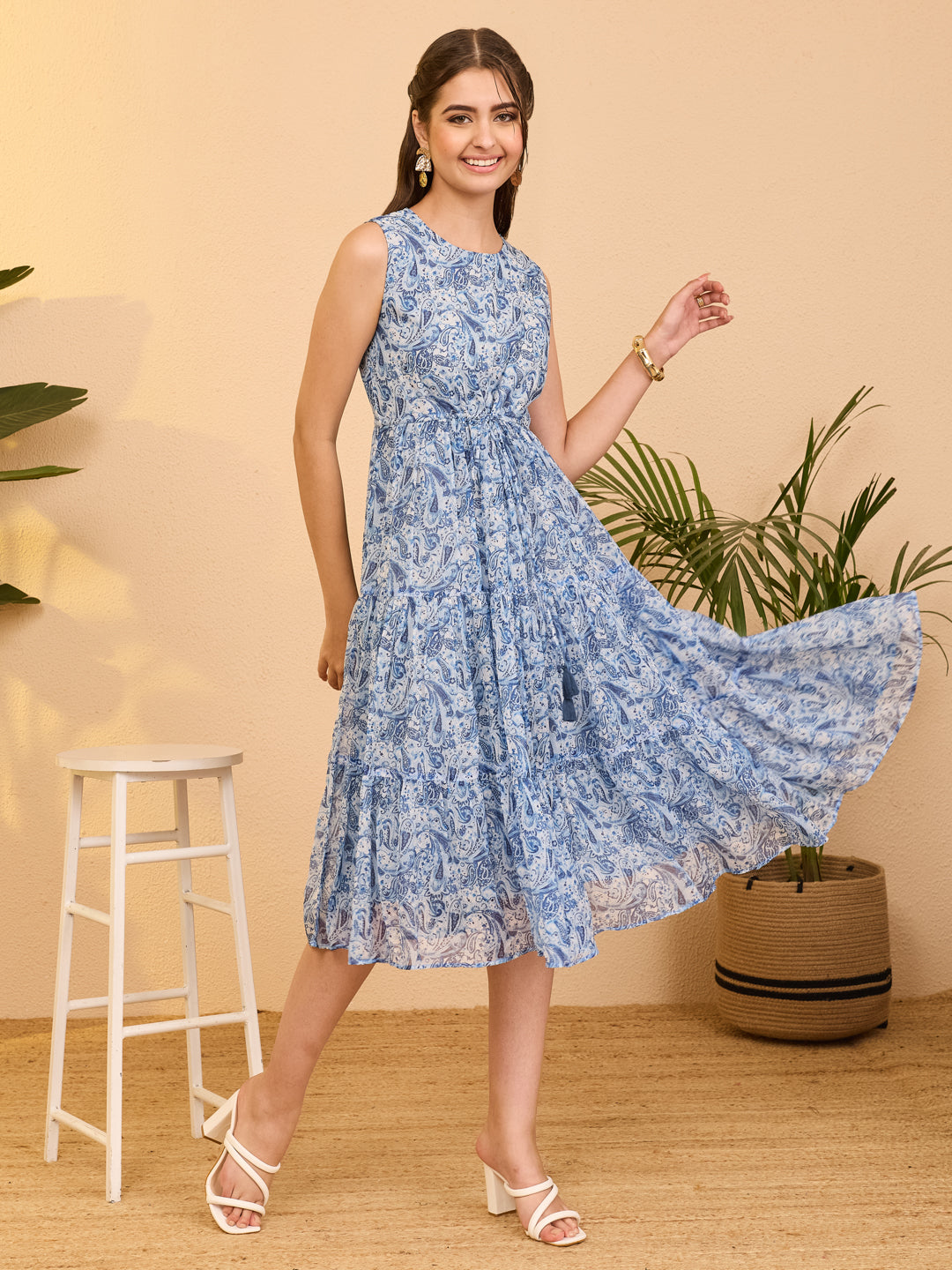 Janasya Women's Light Blue Chiffon Paisley Printed Tiered Dress