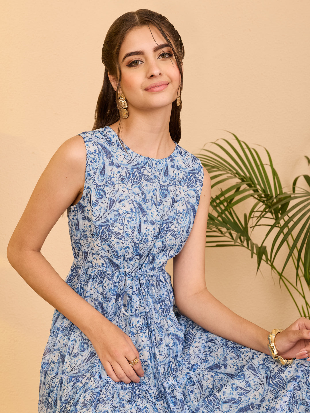 Janasya Women's Light Blue Chiffon Paisley Printed Tiered Dress