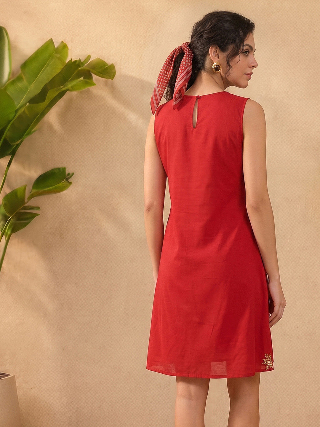 Janasya Women's Red Pure Cotton Embroidered A-Line Dress