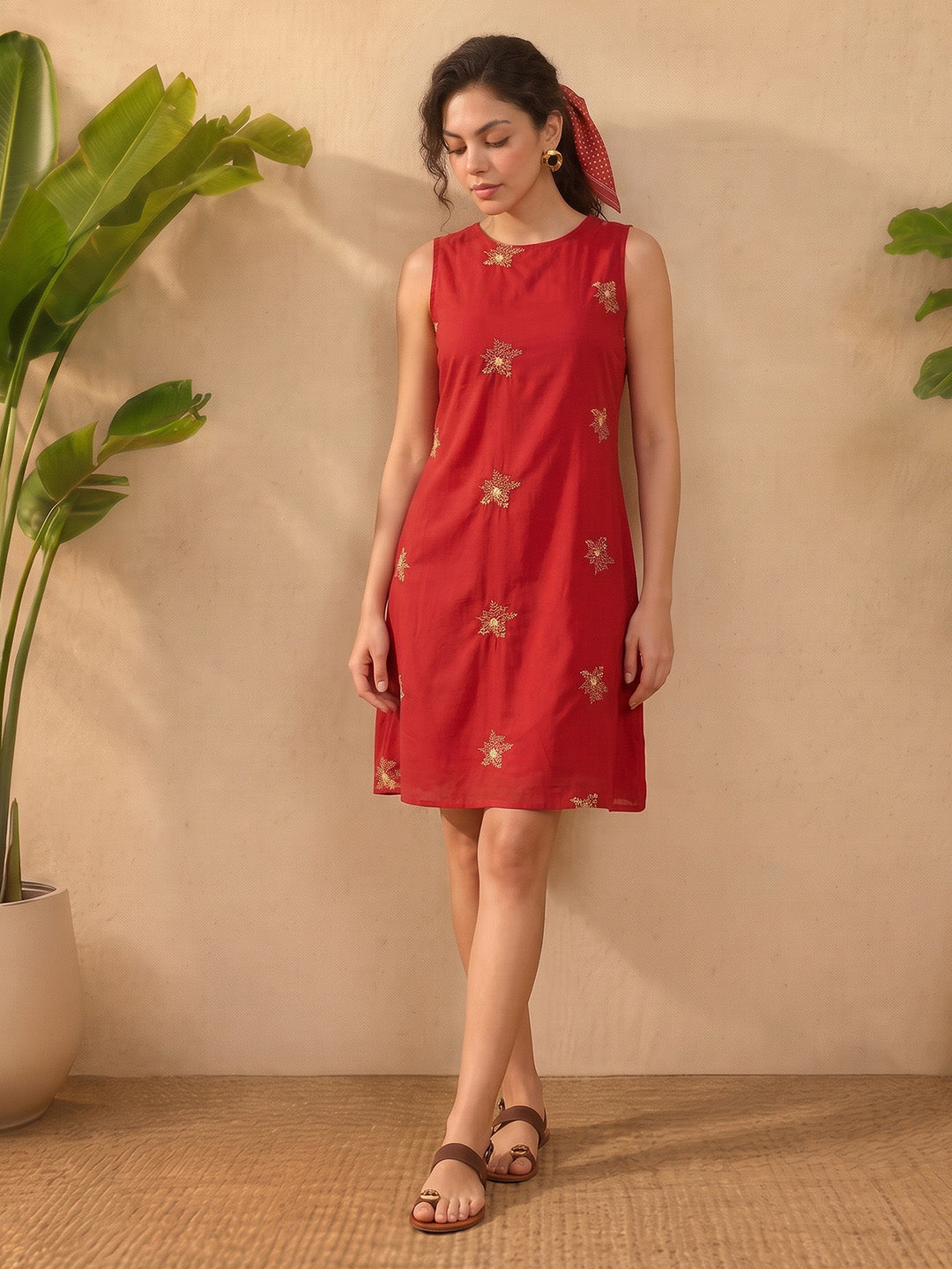 Janasya Women's Red Pure Cotton Embroidered A-Line Dress