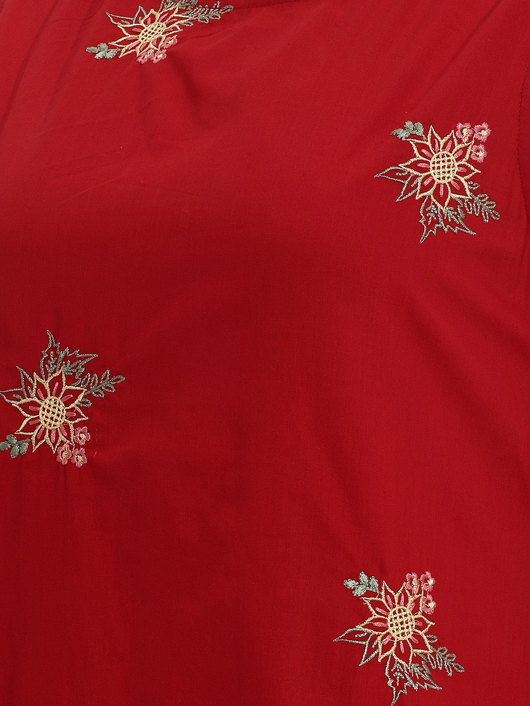 Janasya Women's Red Pure Cotton Embroidered A-Line Dress