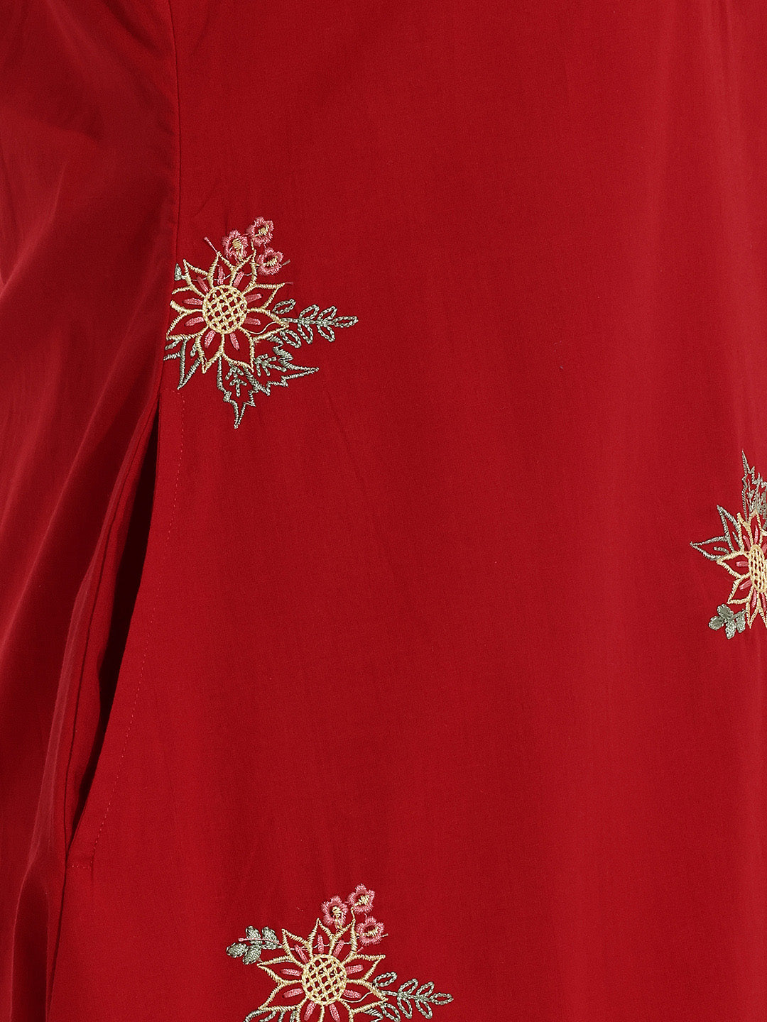 Janasya Women's Red Pure Cotton Embroidered A-Line Dress