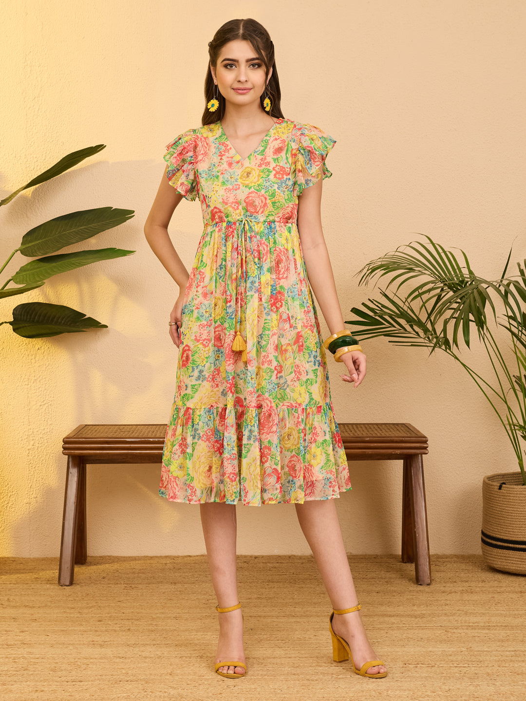 Janasya Women's Multi Color Chiffon Floral Printed Fit & Flare Dress