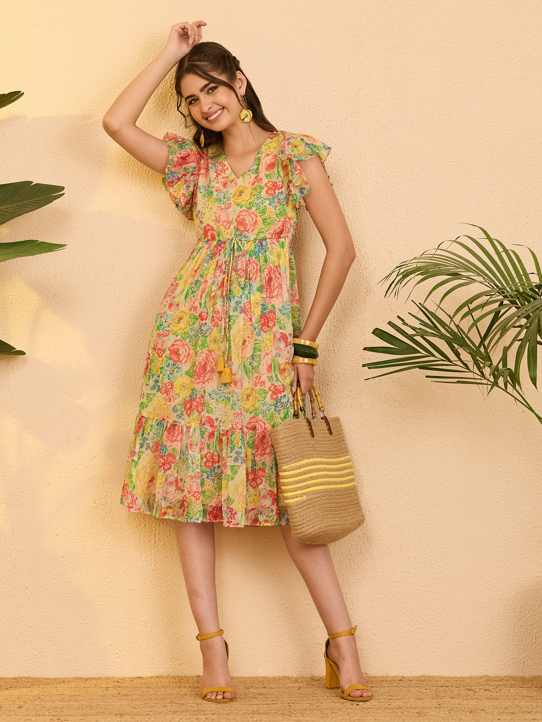 Janasya Women's Multi Color Chiffon Floral Printed Fit & Flare Dress