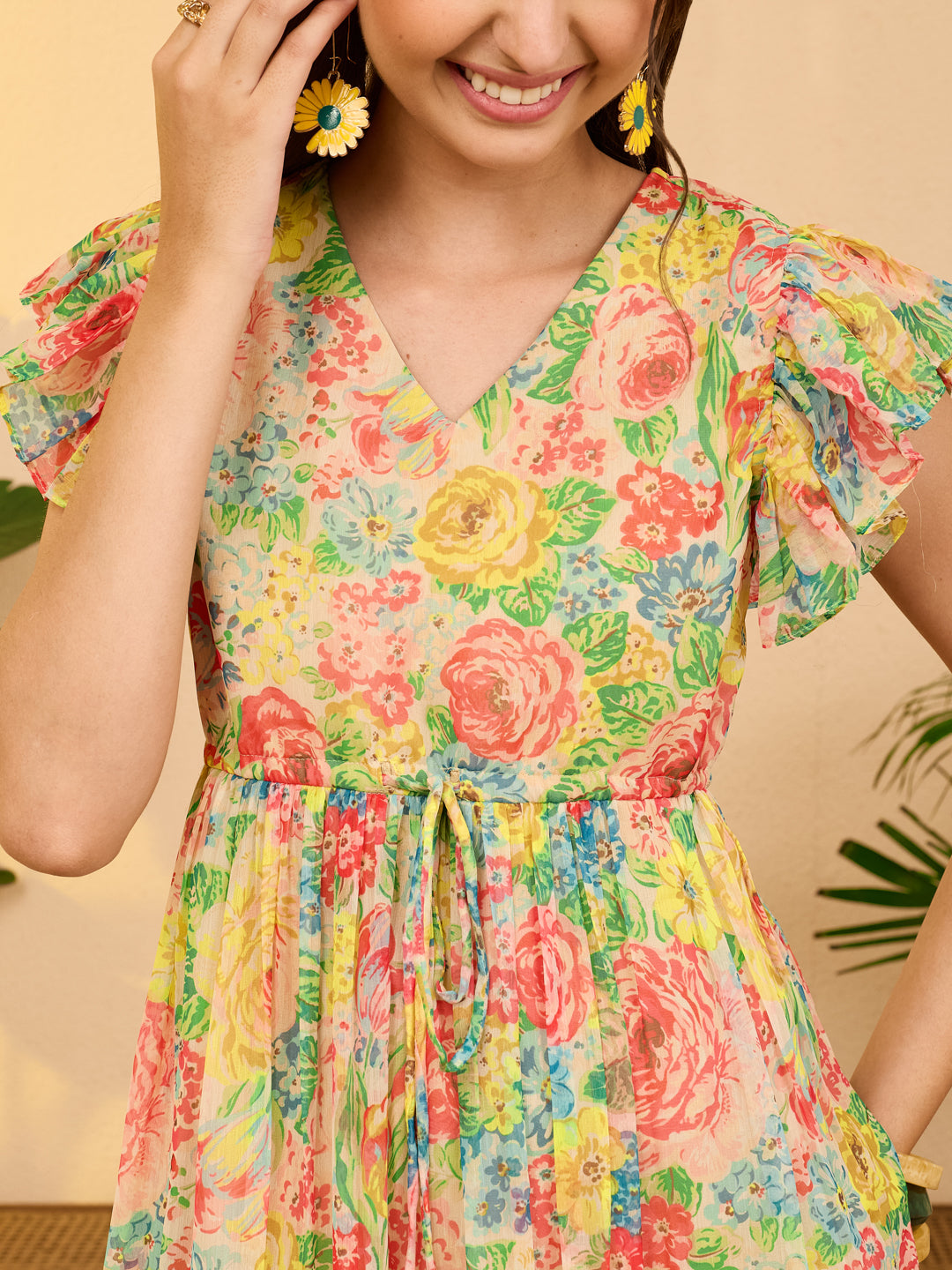 Janasya Women's Multi Color Chiffon Floral Printed Fit & Flare Dress