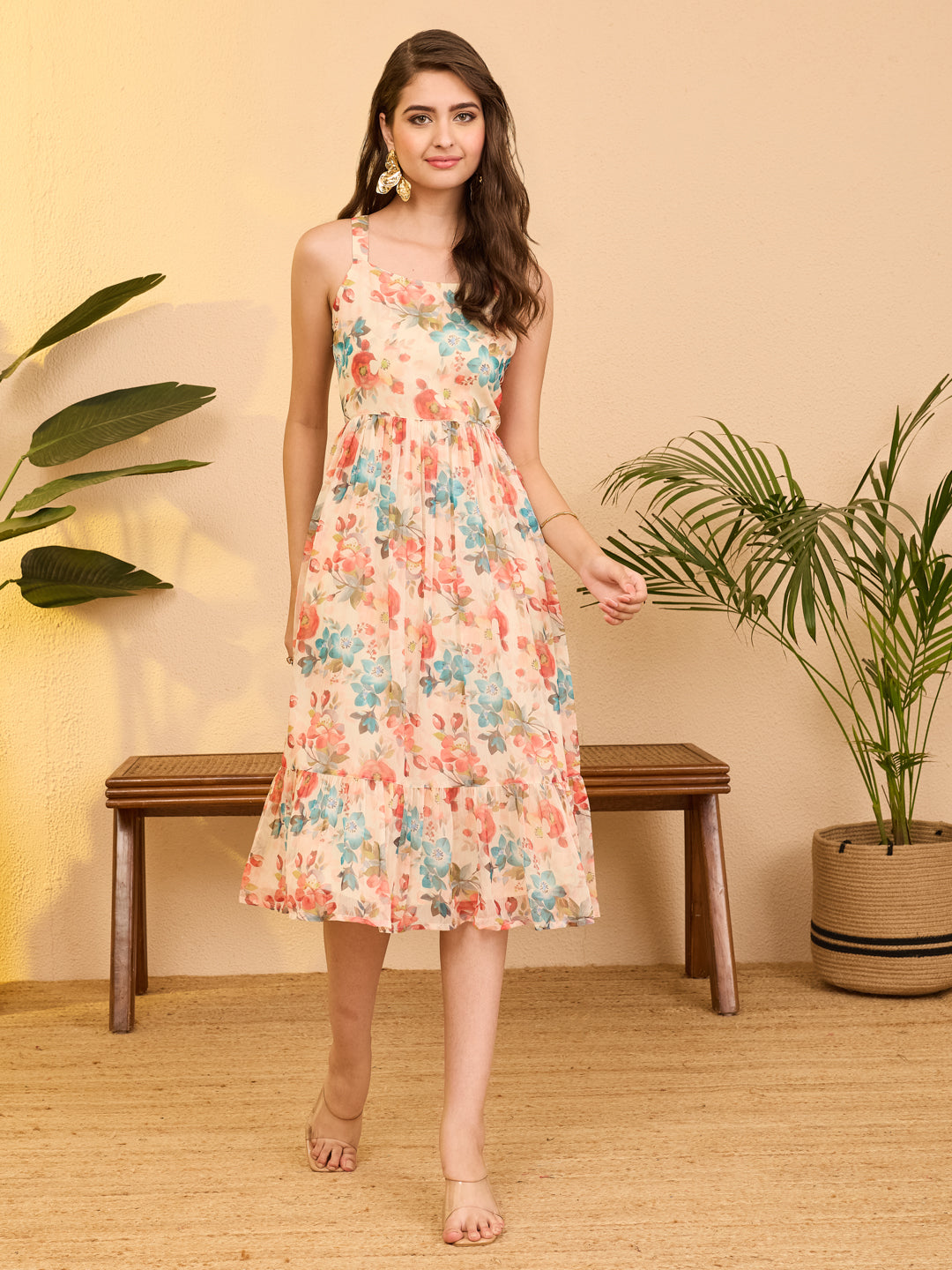 Janasya Women's Beige Chiffon Floral Printed Gathered Dress