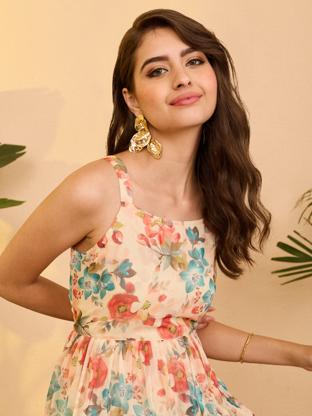 Janasya Women's Beige Chiffon Floral Printed Gathered Dress