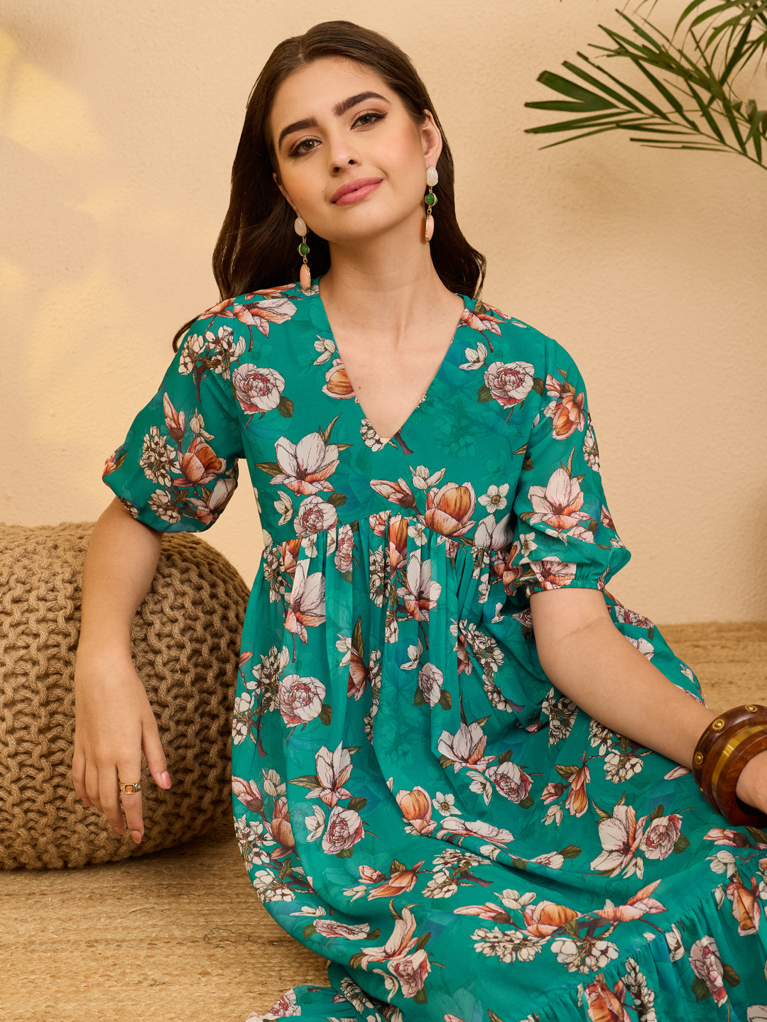 Janasya Women's Sea Green Georgette Floral Printed Gathered Dress