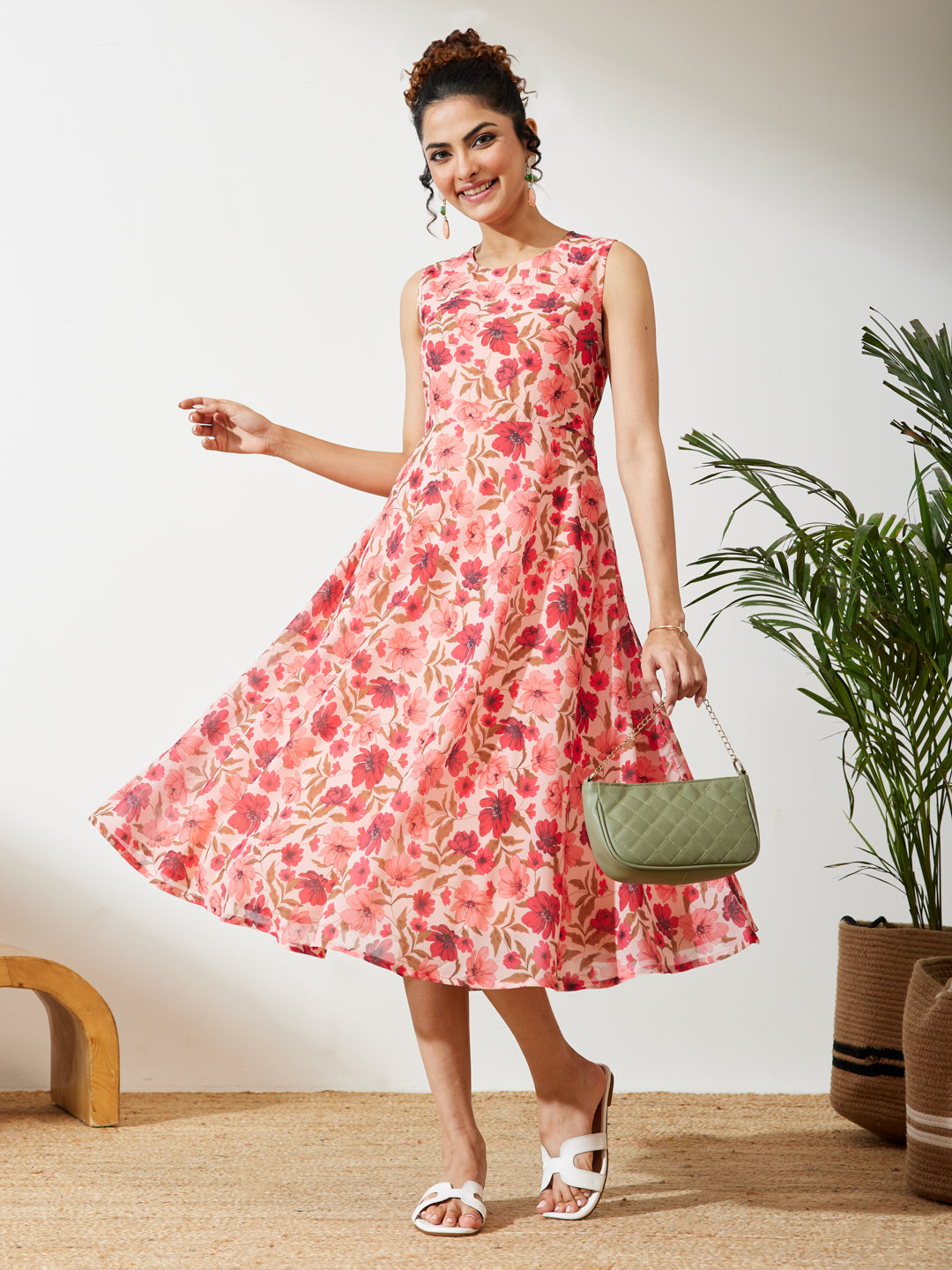 Janasya Women's Peach Georgette Floral Printed Flared Dress