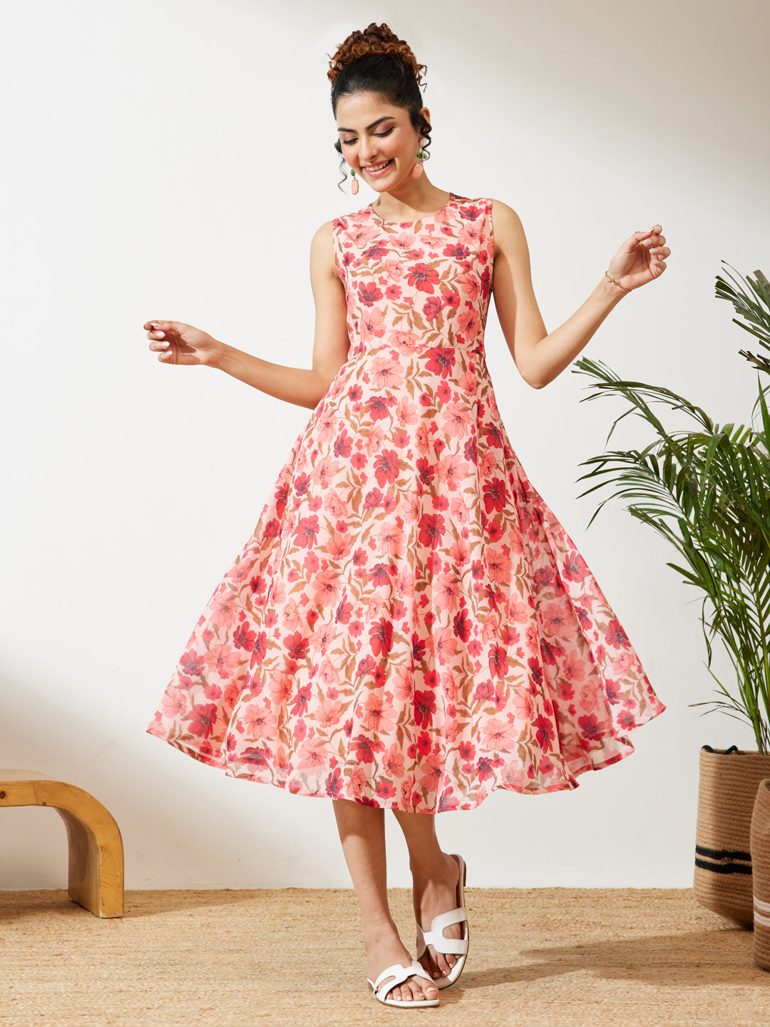 Janasya Women's Peach Georgette Floral Printed Flared Dress