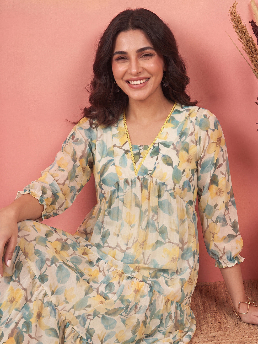 Janasya Women's Yellow Chiffon Floral Printed Tiered Dress