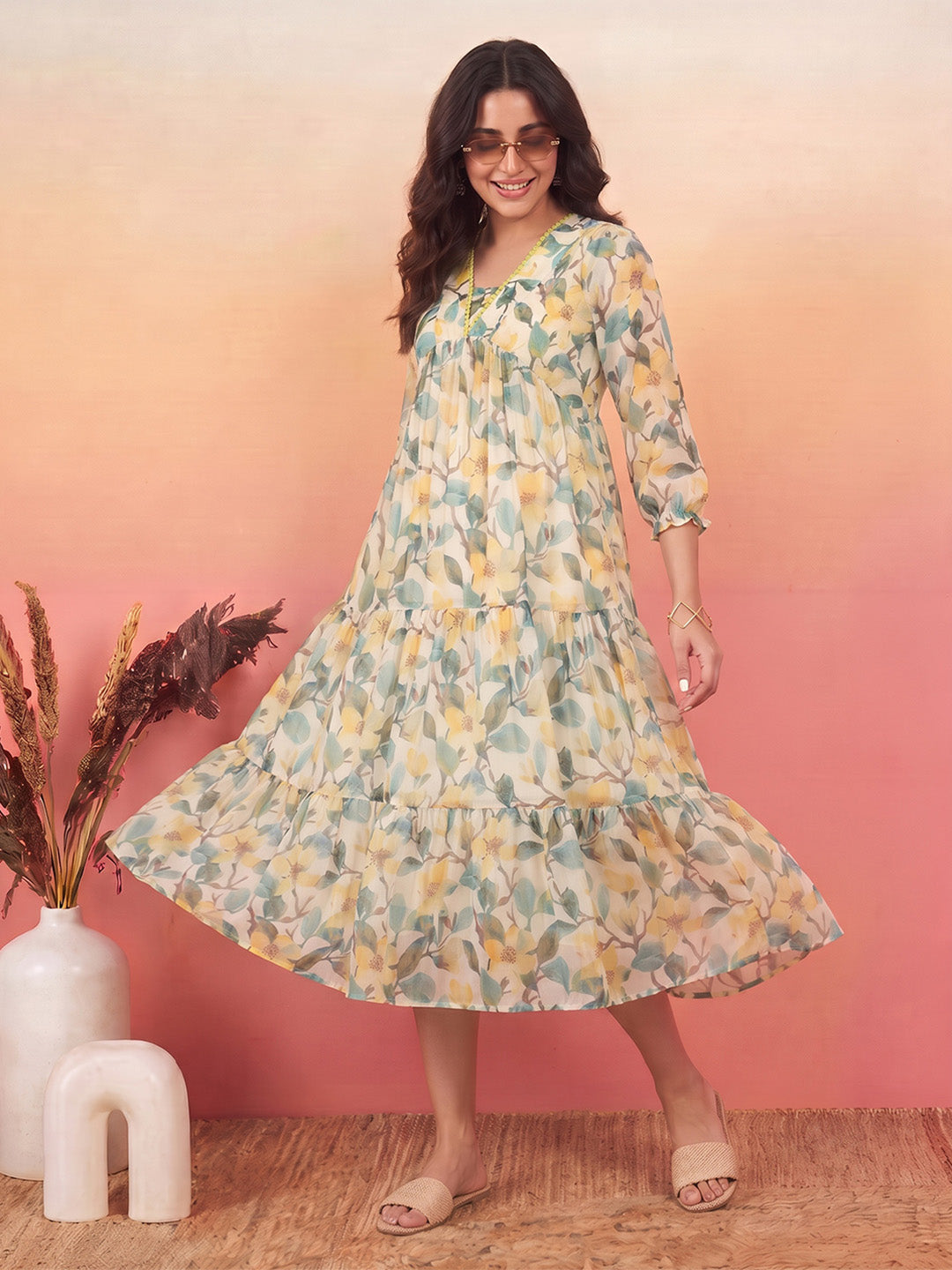 Janasya Women's Yellow Chiffon Floral Printed Tiered Dress