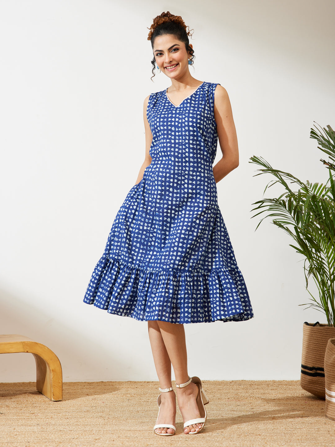 Janasya Women's Navy Blue Pure Cotton Geometric Printed Fit & Flare Dress