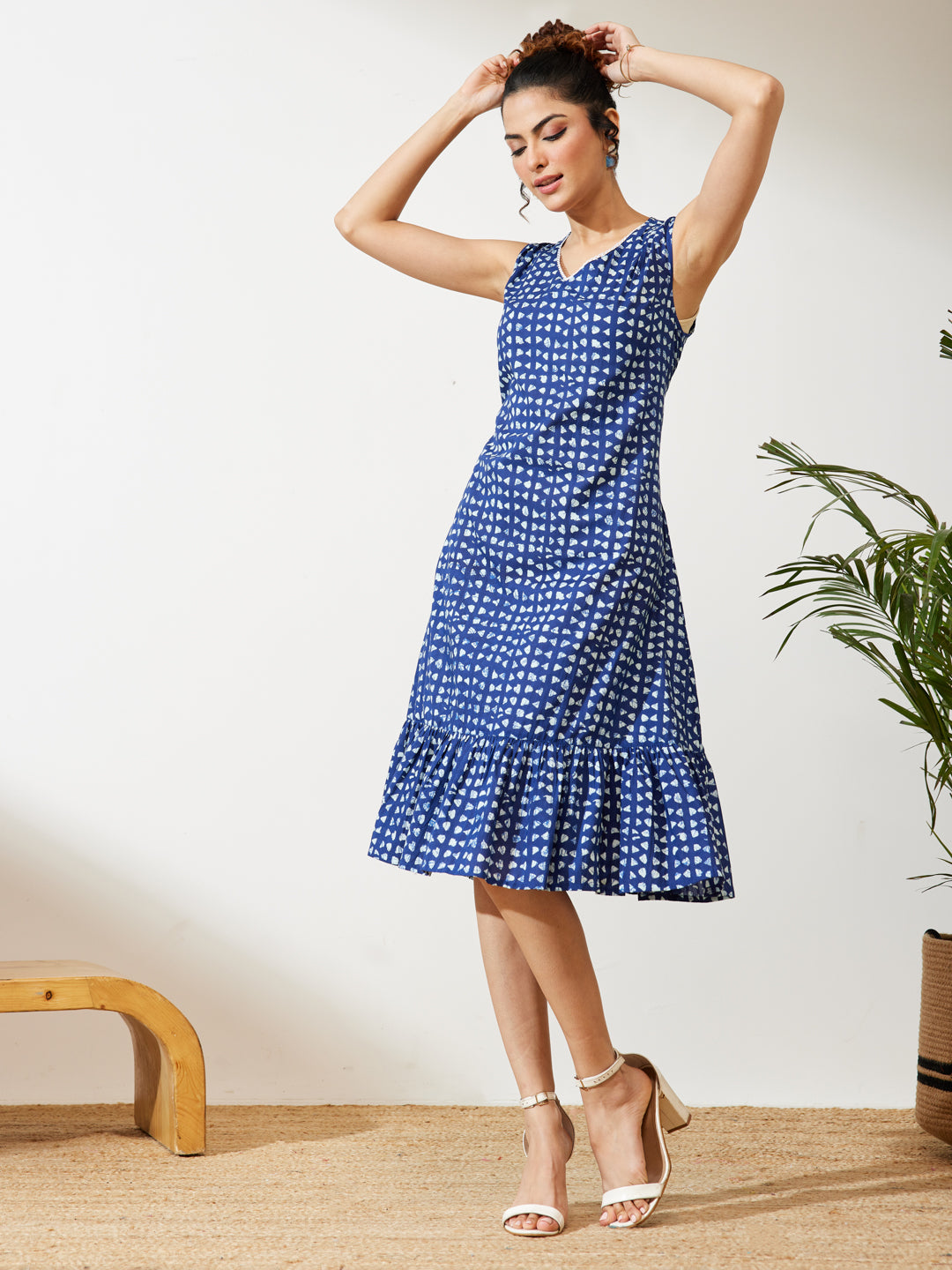 Janasya Women's Navy Blue Pure Cotton Geometric Printed Fit & Flare Dress