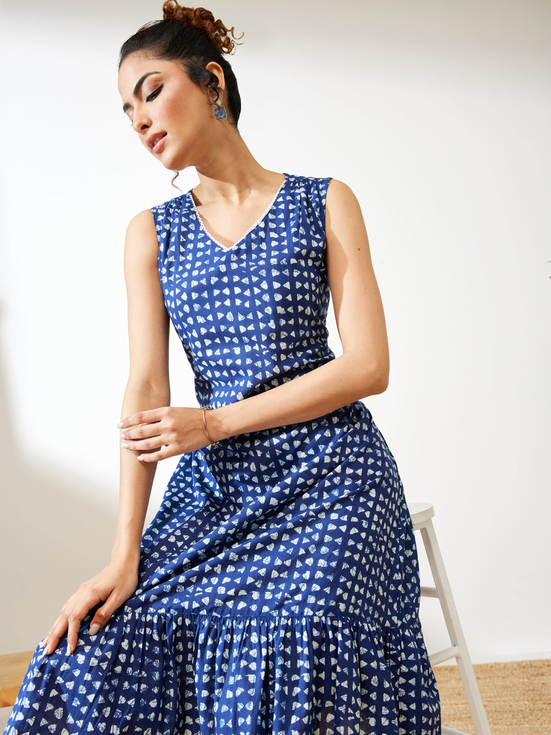 Janasya Women's Navy Blue Pure Cotton Geometric Printed Fit & Flare Dress