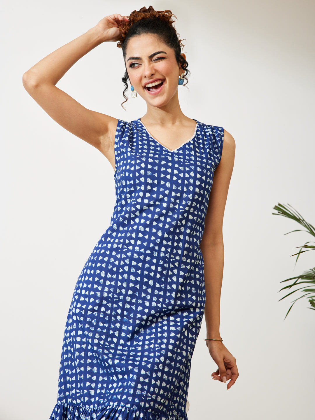 Janasya Women's Navy Blue Pure Cotton Geometric Printed Fit & Flare Dress