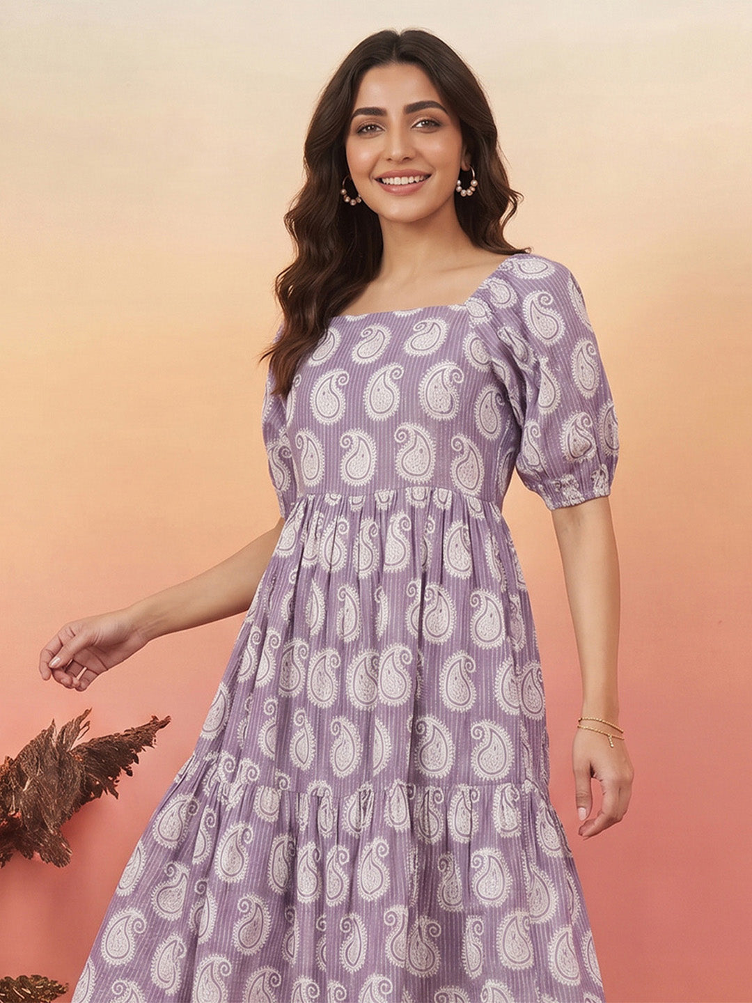 Janasya Women's Purple Pure Cotton Paisley Printed Gathered Dress
