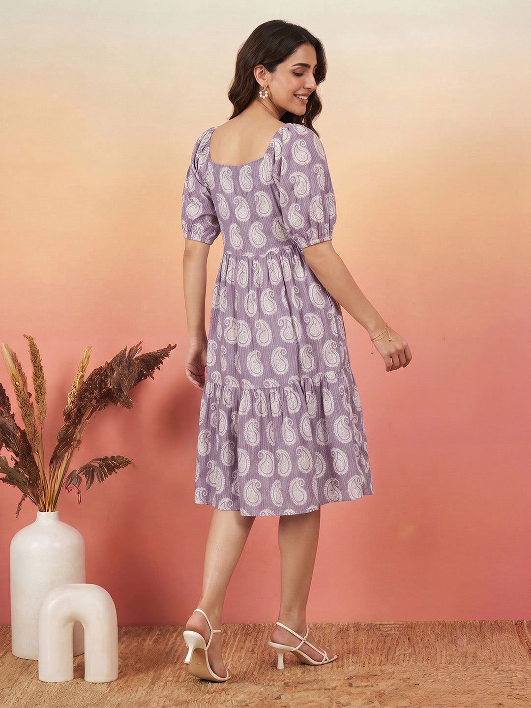 Janasya Women's Purple Pure Cotton Paisley Printed Gathered Dress