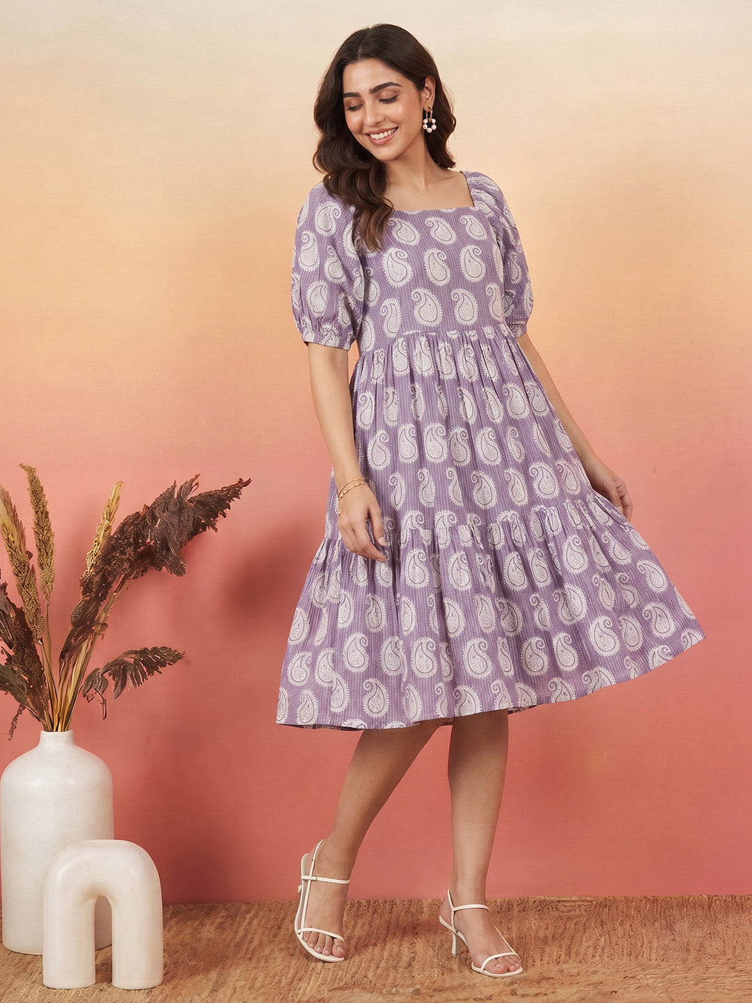 Janasya Women's Purple Pure Cotton Paisley Printed Gathered Dress