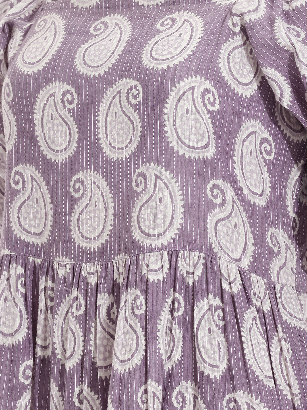 Janasya Women's Purple Pure Cotton Paisley Printed Gathered Dress