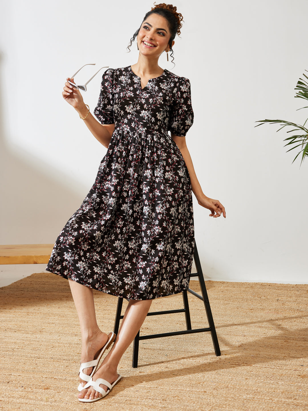 Janasya Women's Black Pure Cotton Floral Printed Gathered Dress