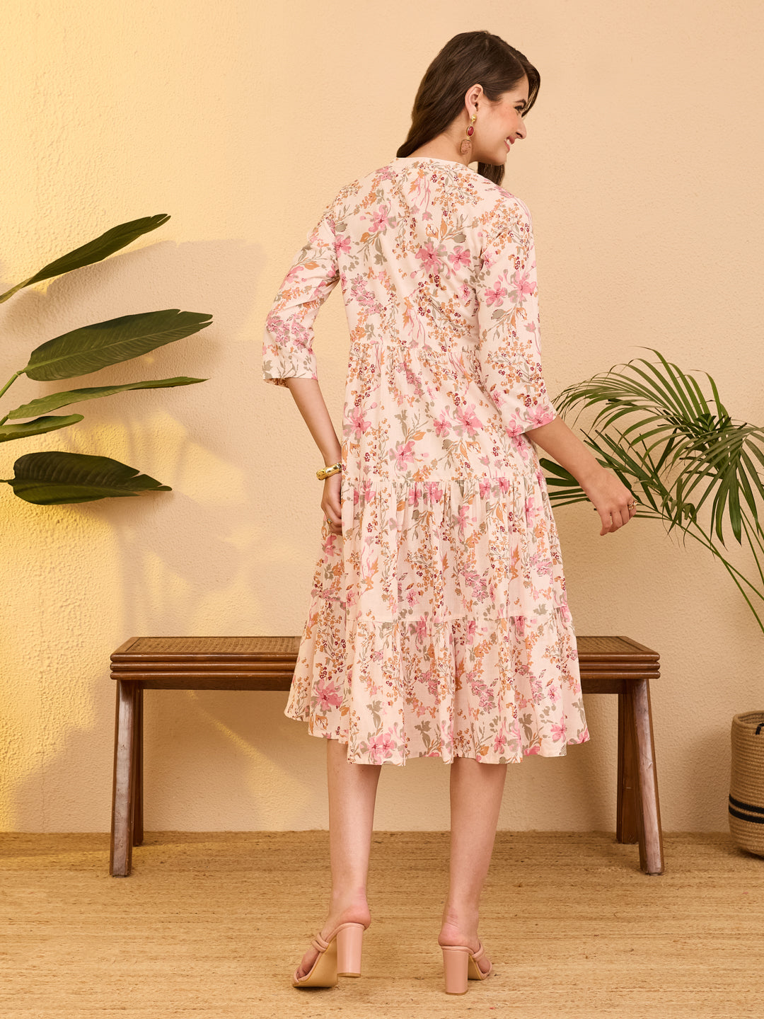 Janasya Women's Baby Pink Pure Cotton Floral Printed Tiered Dress