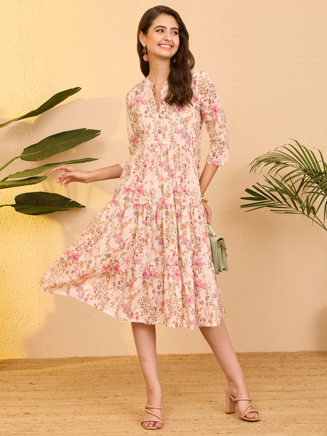 Janasya Women's Baby Pink Pure Cotton Floral Printed Tiered Dress