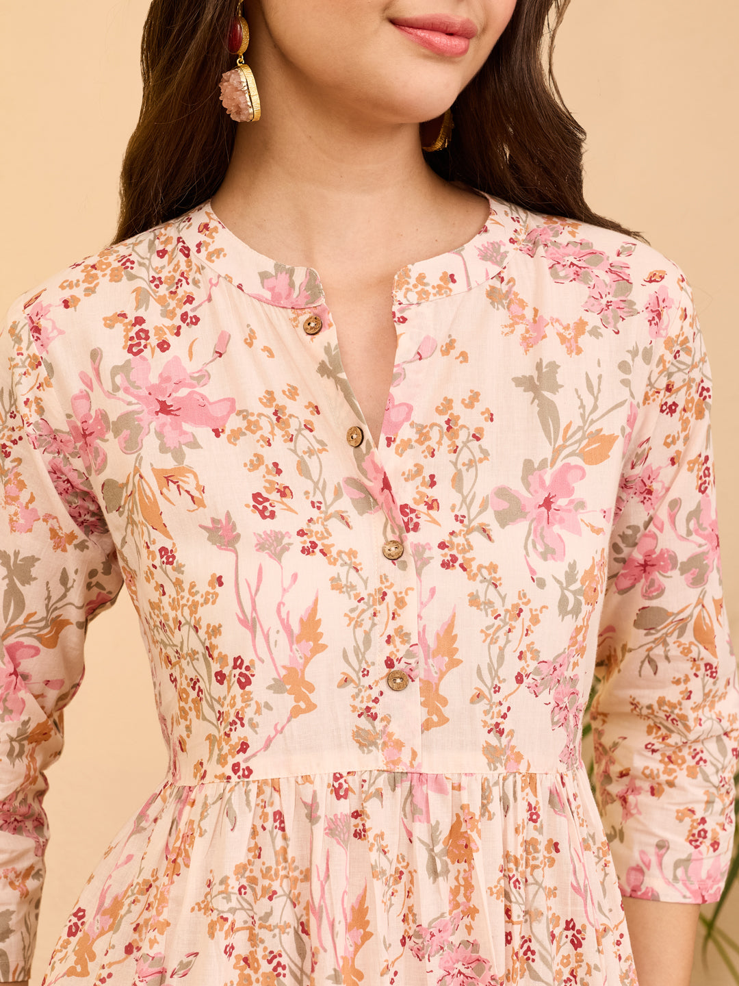 Janasya Women's Baby Pink Pure Cotton Floral Printed Tiered Dress