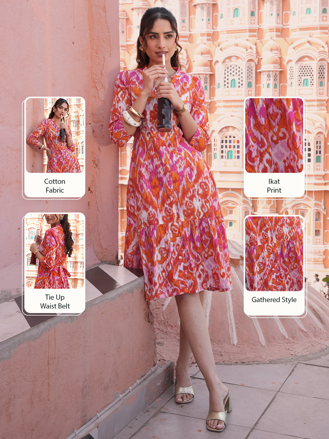 Janasya Women's Multi Color Pure Cotton Ikkat Printed Fit & Flare Dress