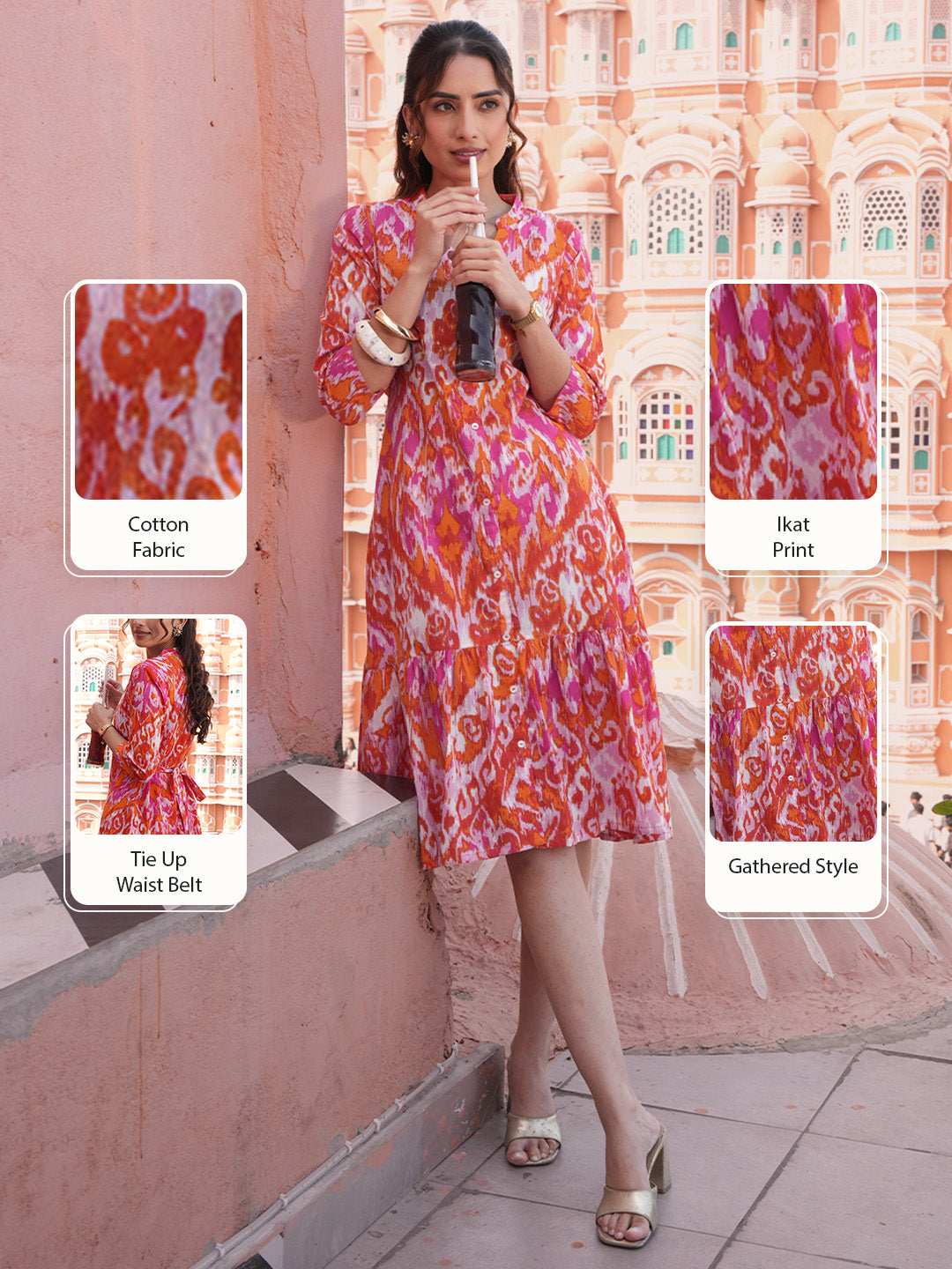 Janasya Women's Multi Color Pure Cotton Ikkat Printed Fit & Flare Dress