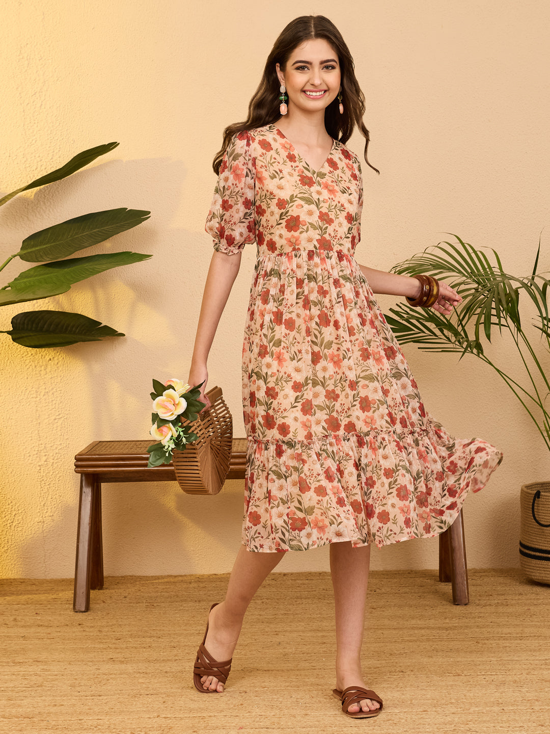 Janasya Women's Beige Chiffon Floral Printed Gathered Dress