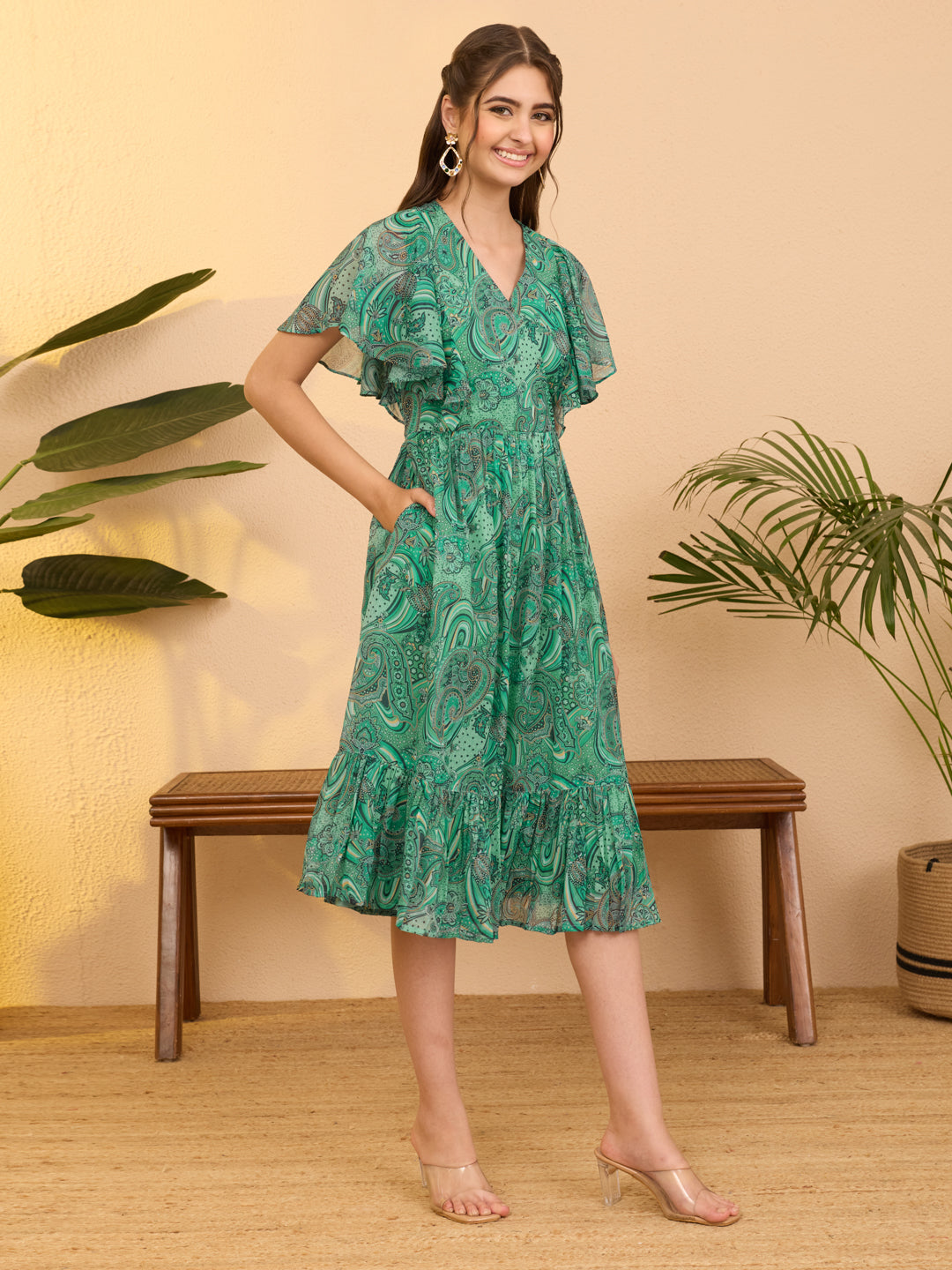 Janasya Women's Aqua Green Georgette Paisley Printed Flared Dress