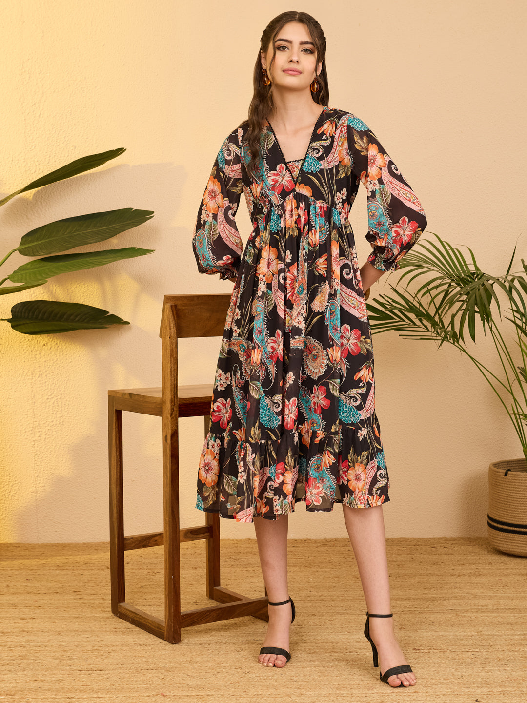 Janasya Women's Black Georgette Paisley Printed A-Line Dress