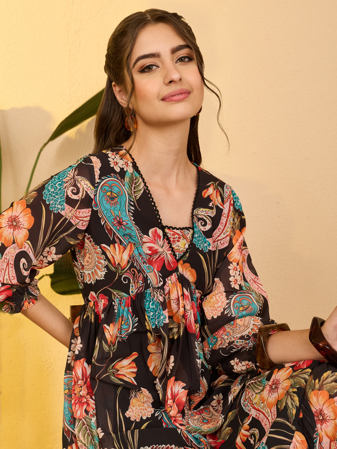 Janasya Women's Black Georgette Paisley Printed A-Line Dress