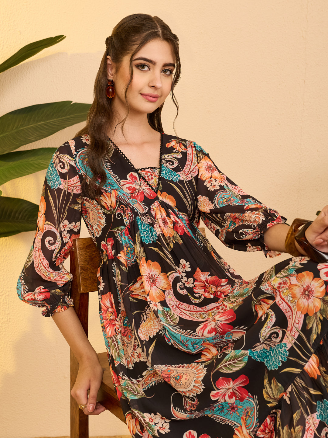 Janasya Women's Black Georgette Paisley Printed A-Line Dress