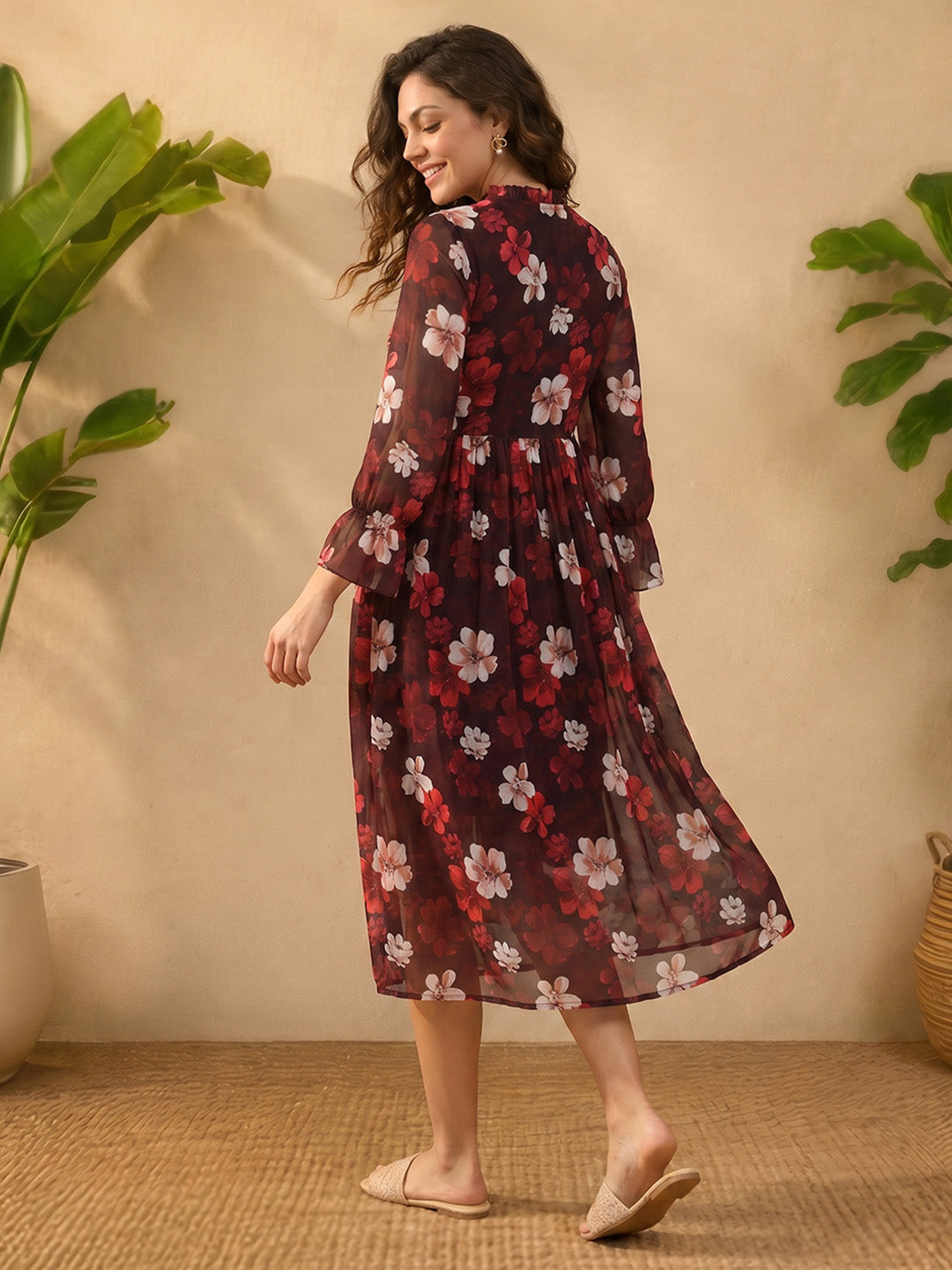 Janasya Women's Brown Georgette Floral Printed Wrap Dress
